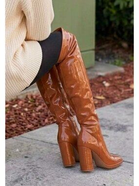 High-Gloss Brown Knee-High Boots With Block Heel Side Zipper And Square Toe Desi